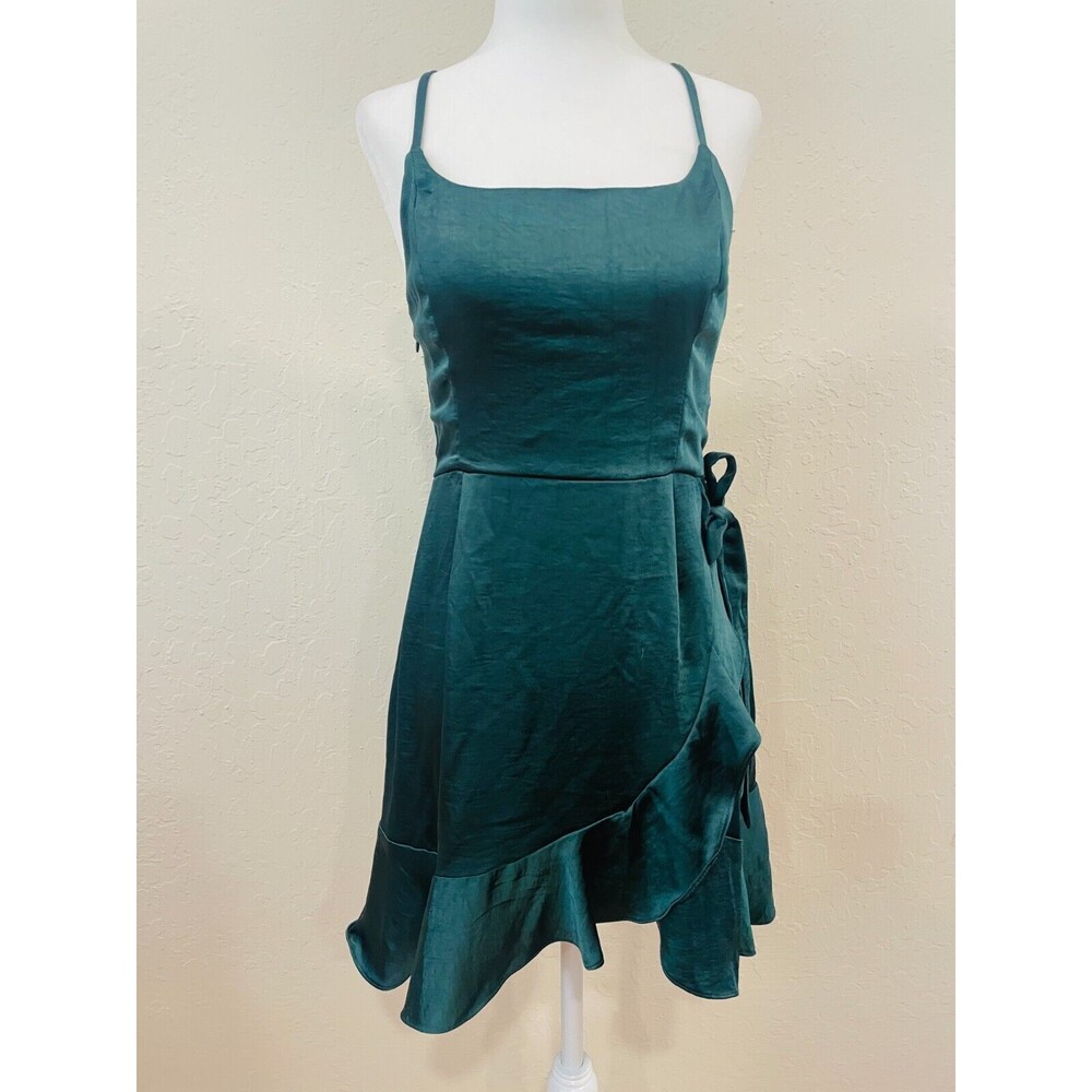 ~ Mini Dress Sm Cocktail Dk Green Adjustable Strap Ruffle Hem Side Zip Hoco Prom